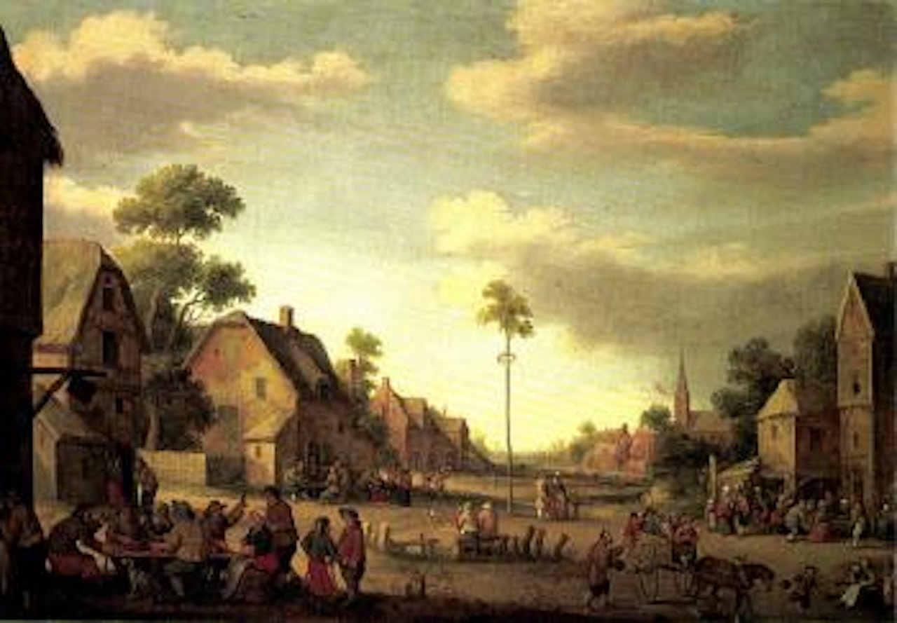 Village street with maypole and figures drinking by Joost Cornelisz Droochsloot