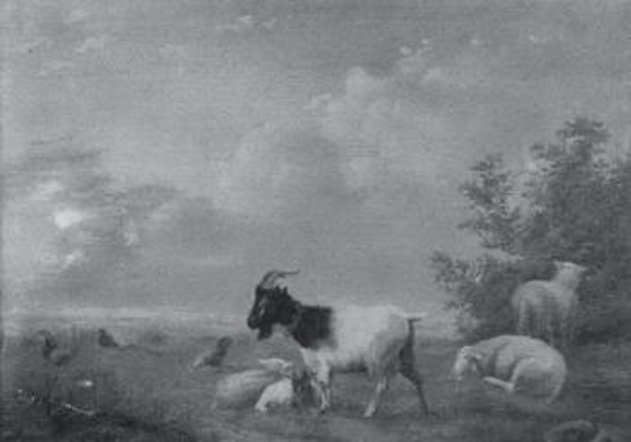 Goats, lambs and chicken in landscape by Eugène Joseph Verboeckhoven