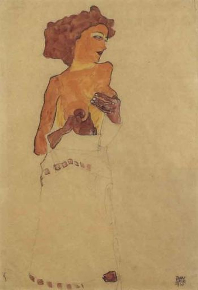 Semi-nude girl holding her breast, facing right by Egon Schiele