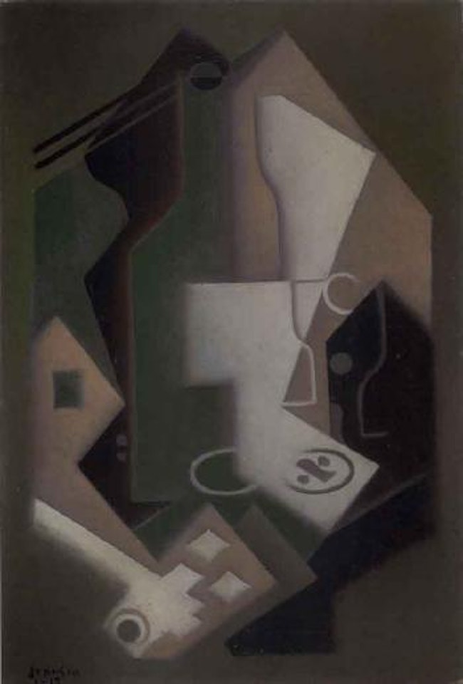 Bouteille, pipe et cartes a jouer by Juan Gris