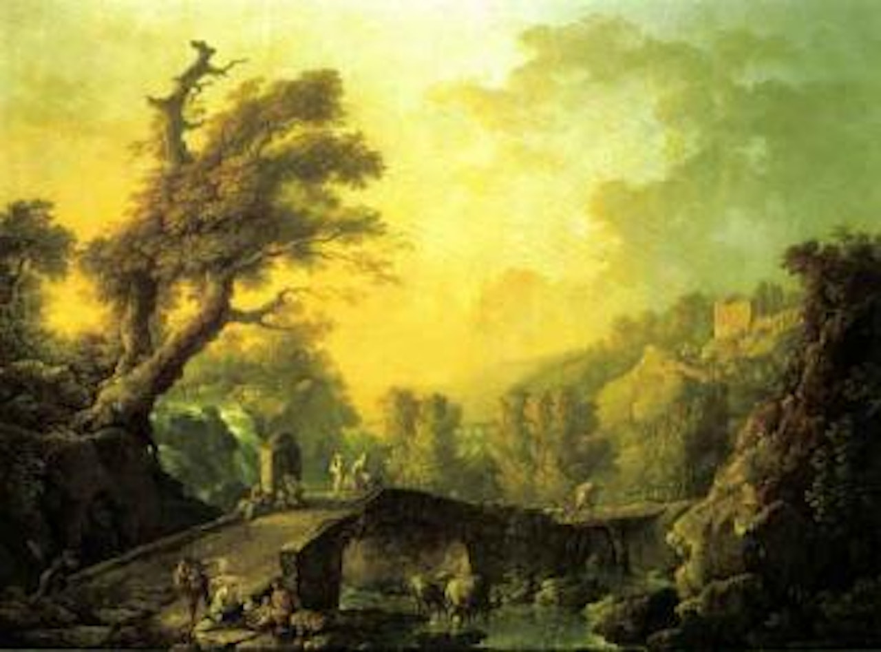 River landscape with herders and travellers by Carlo Bonavia