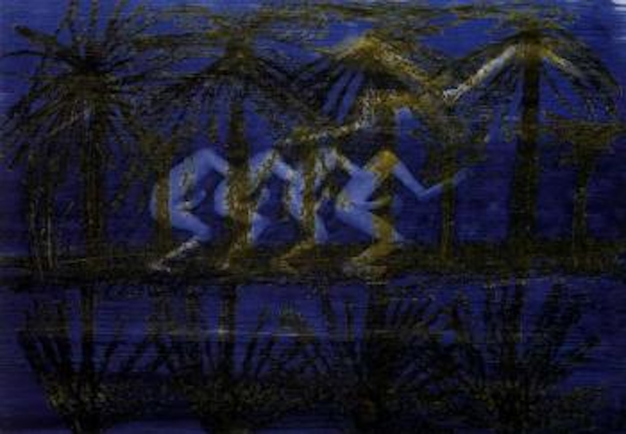 Four men in a canoe - New Guinea by Sidney Nolan