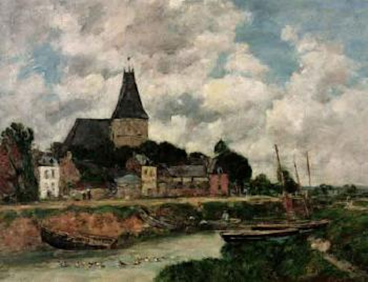 Quillebeuf - l'Eglise vue du canal by Eugène Boudin