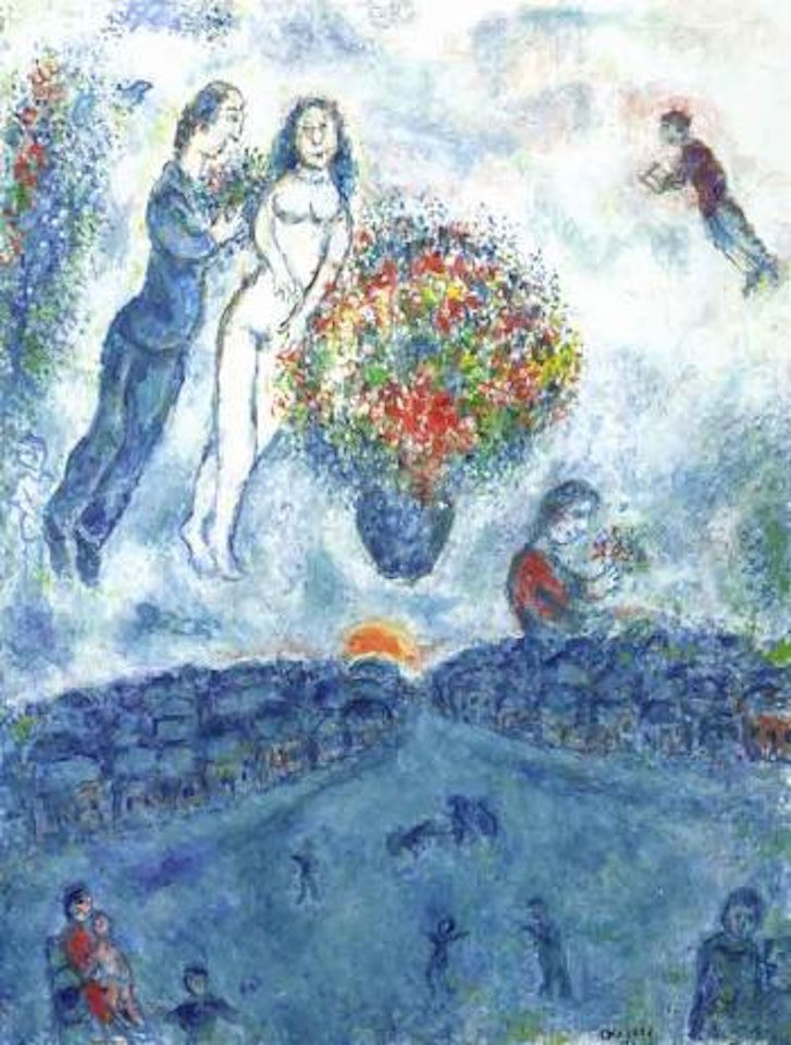 Couple et bouquet dans le ciel by Marc Chagall