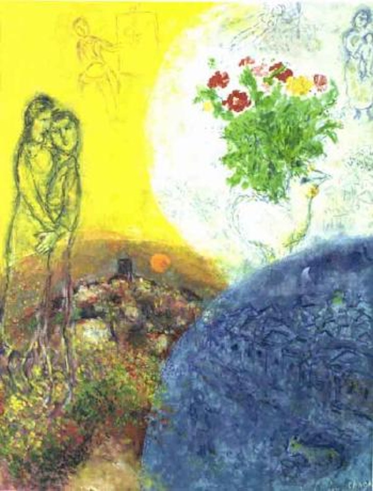 Bouquet sur fond jaune et bleu by Marc Chagall