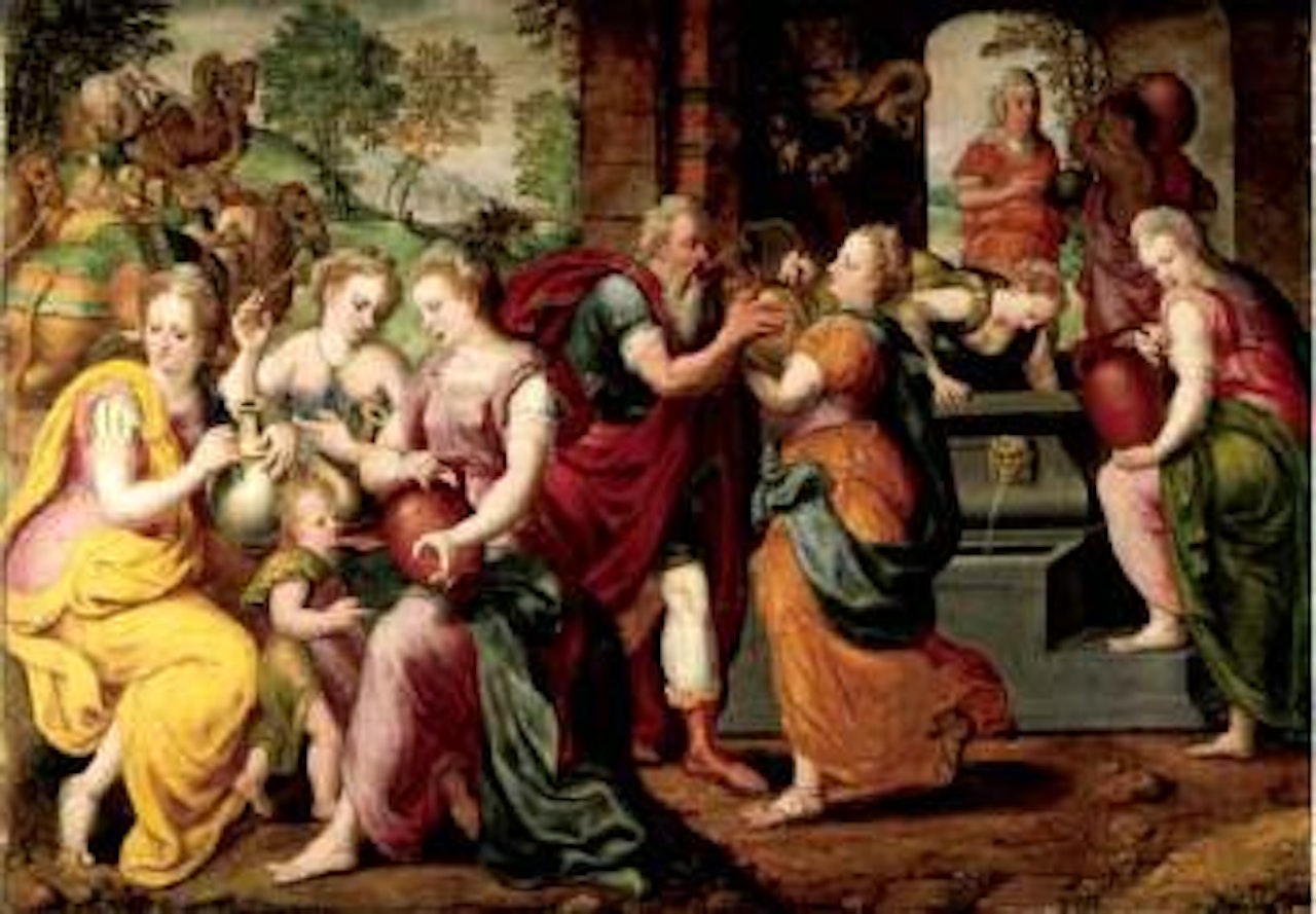 Rebecca and Eliezer at the well by Flemish School