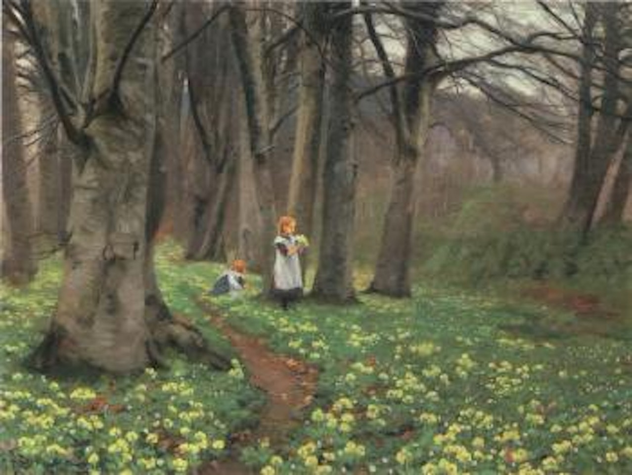Two girls picking flowers in spring wood by Hans Andersen Brendekilde