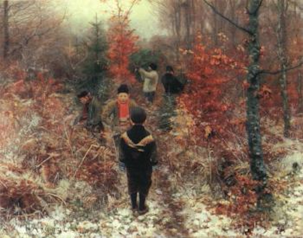 Cutting of Christmas trees - two men and two children in forest by Hans Andersen Brendekilde