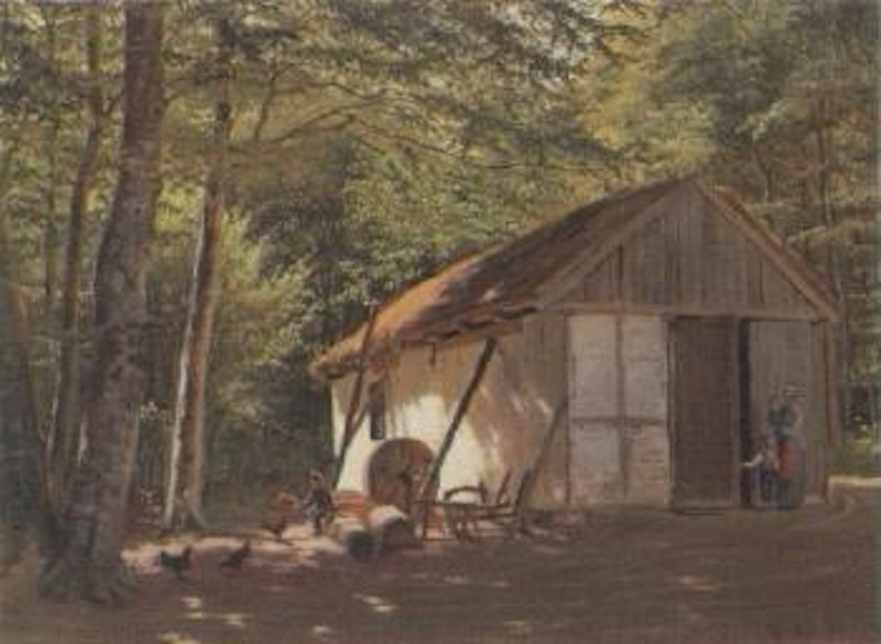 Feeding chickens in woodland glade by Peder Mork Monsted