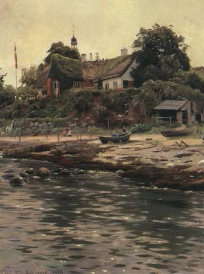 Coastal landscape with boats and children playing on beach at Aalsgaarde by Peder Mork Monsted