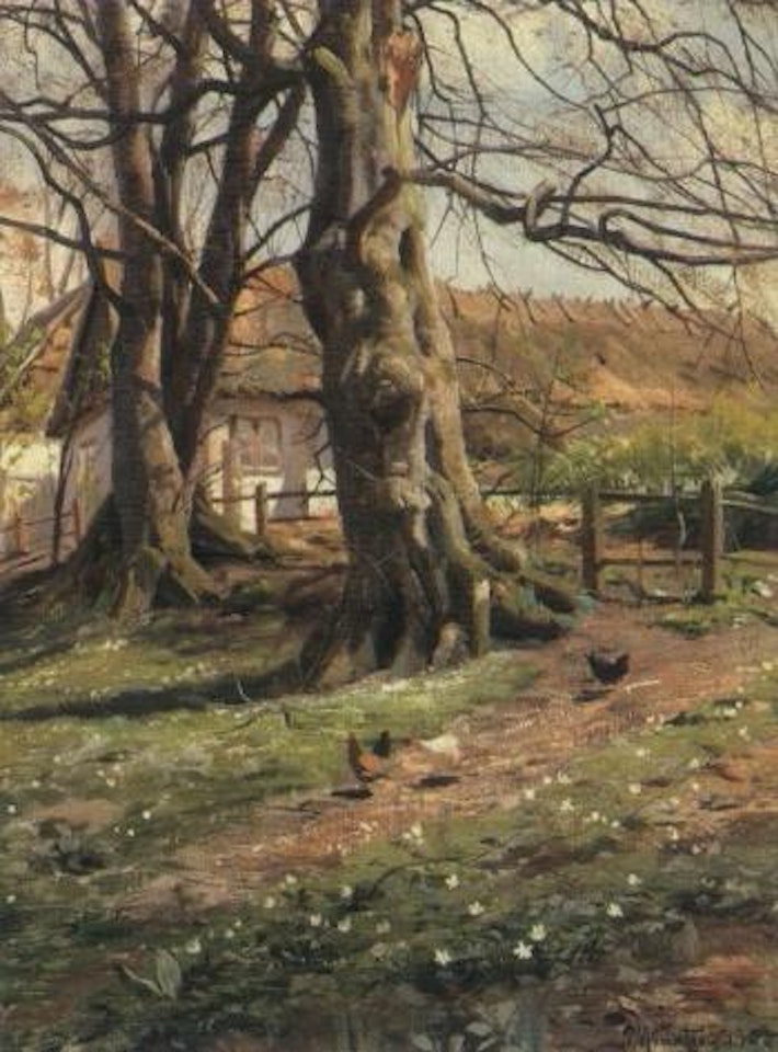 Chickens at farmhouse in spring by Peder Mork Monsted