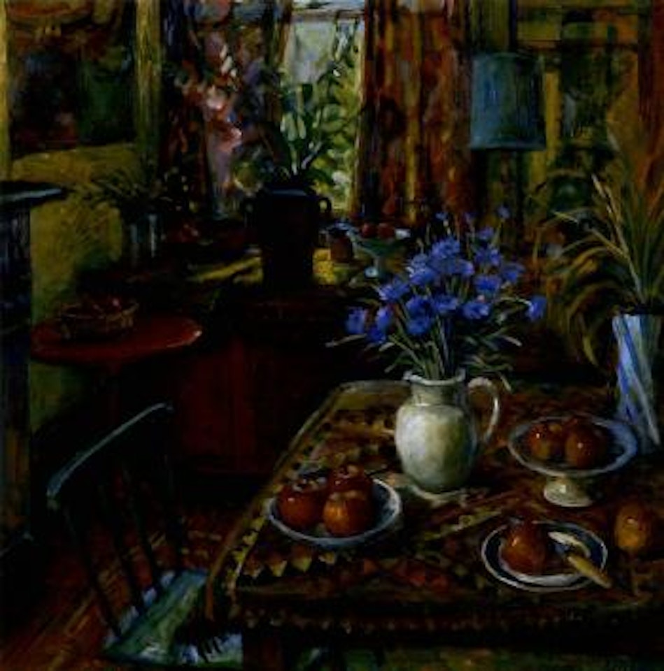 Cornflowers and interior by Margaret Hannah Olley