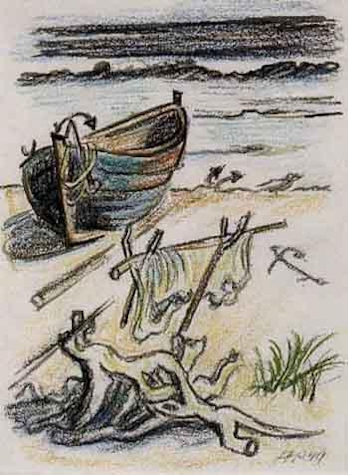 Coastal landscape with fishing boat by Max Pechstein