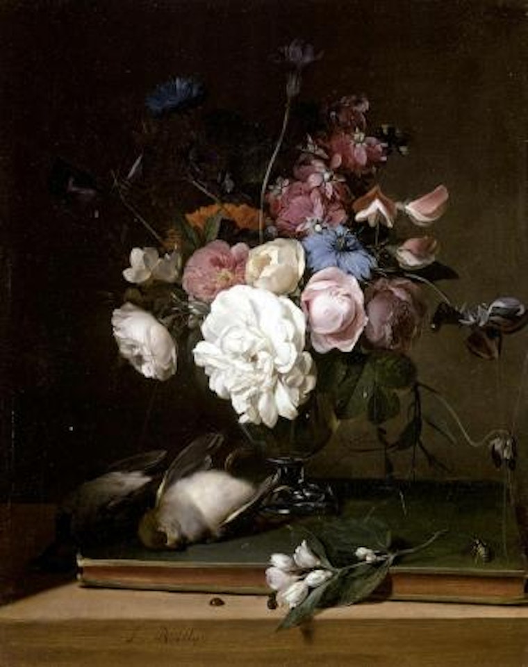Still life of flowers in glass vase, two birds and a branch of blossoms by Louis-Leopold Boilly