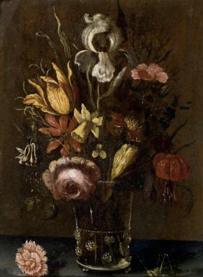 Still life with iris, tulip, rose and other flowers in glass vase by Balthasar van der Ast