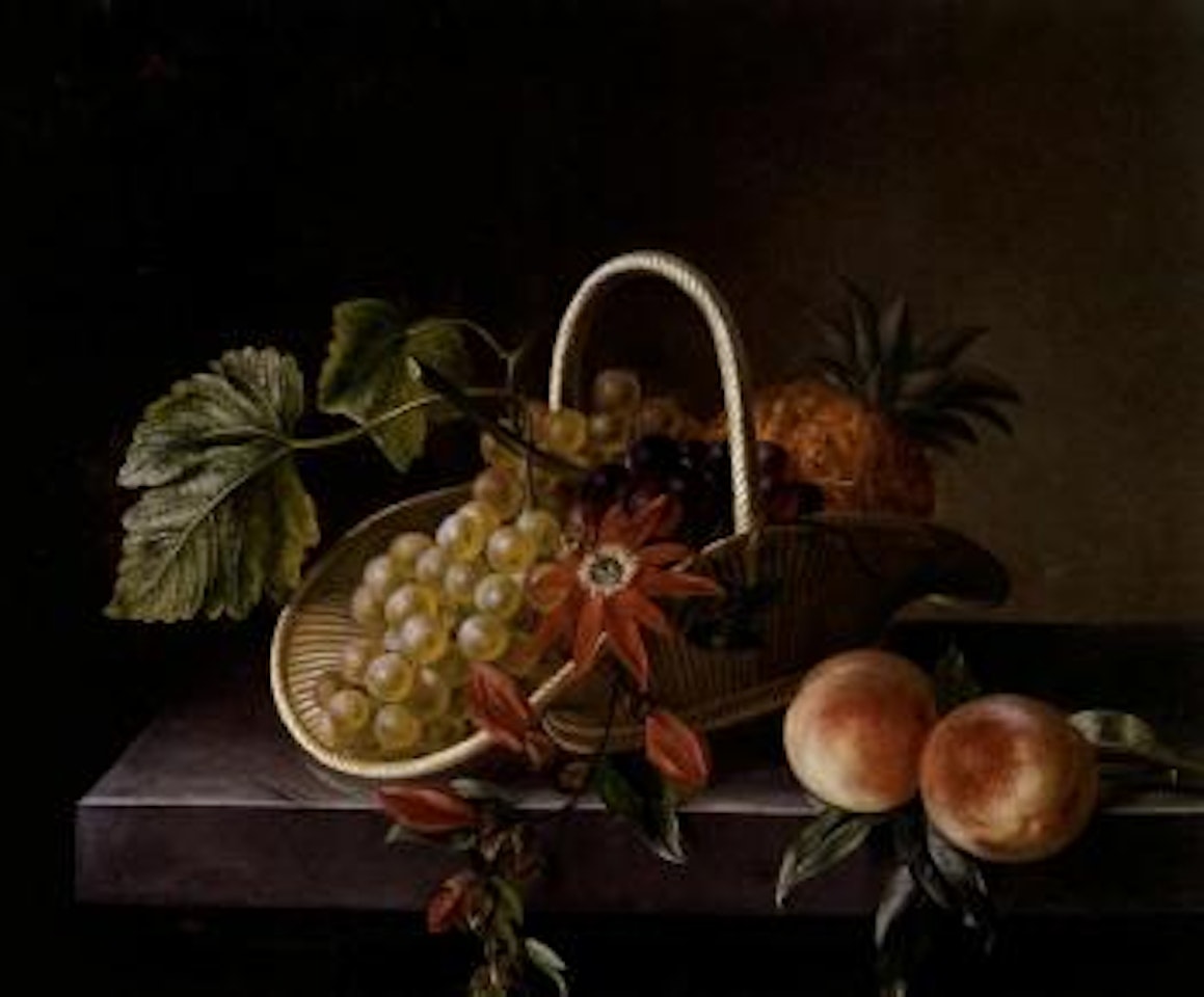 Still life of fruit and flowers in basket and peaches on marble ledge by Hanne Hellesen