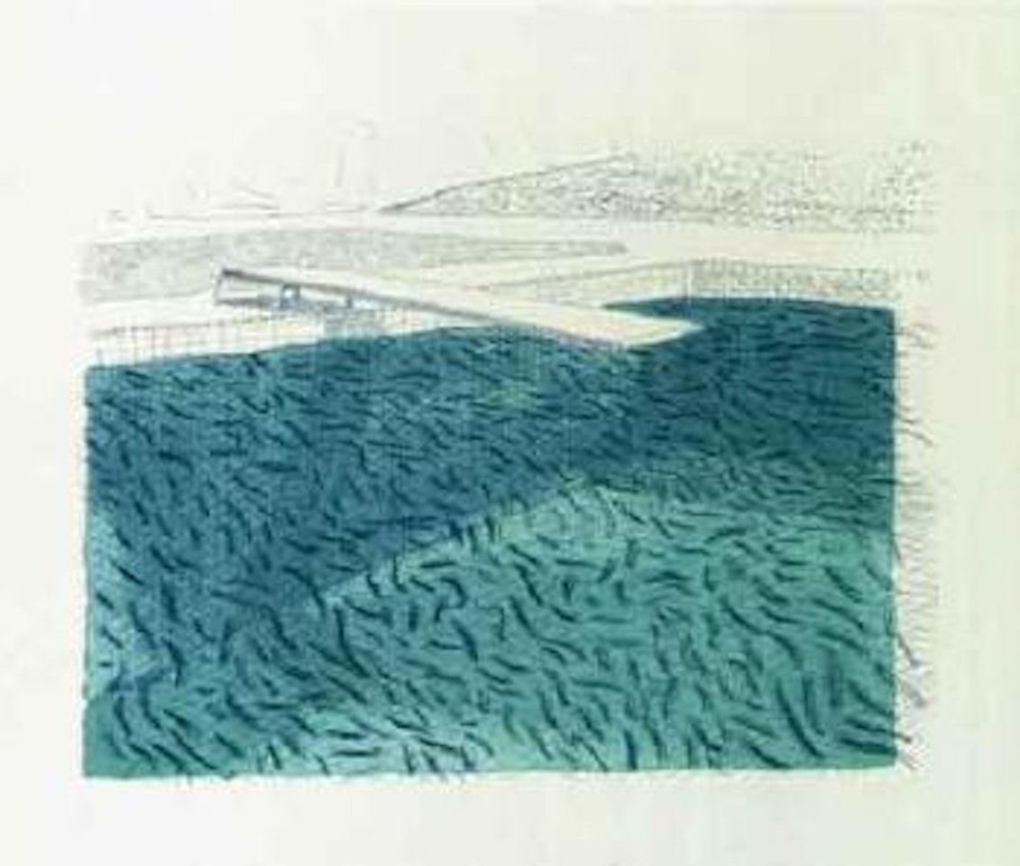 Water made of lines, crayon and two blue washes without green wash by David Hockney