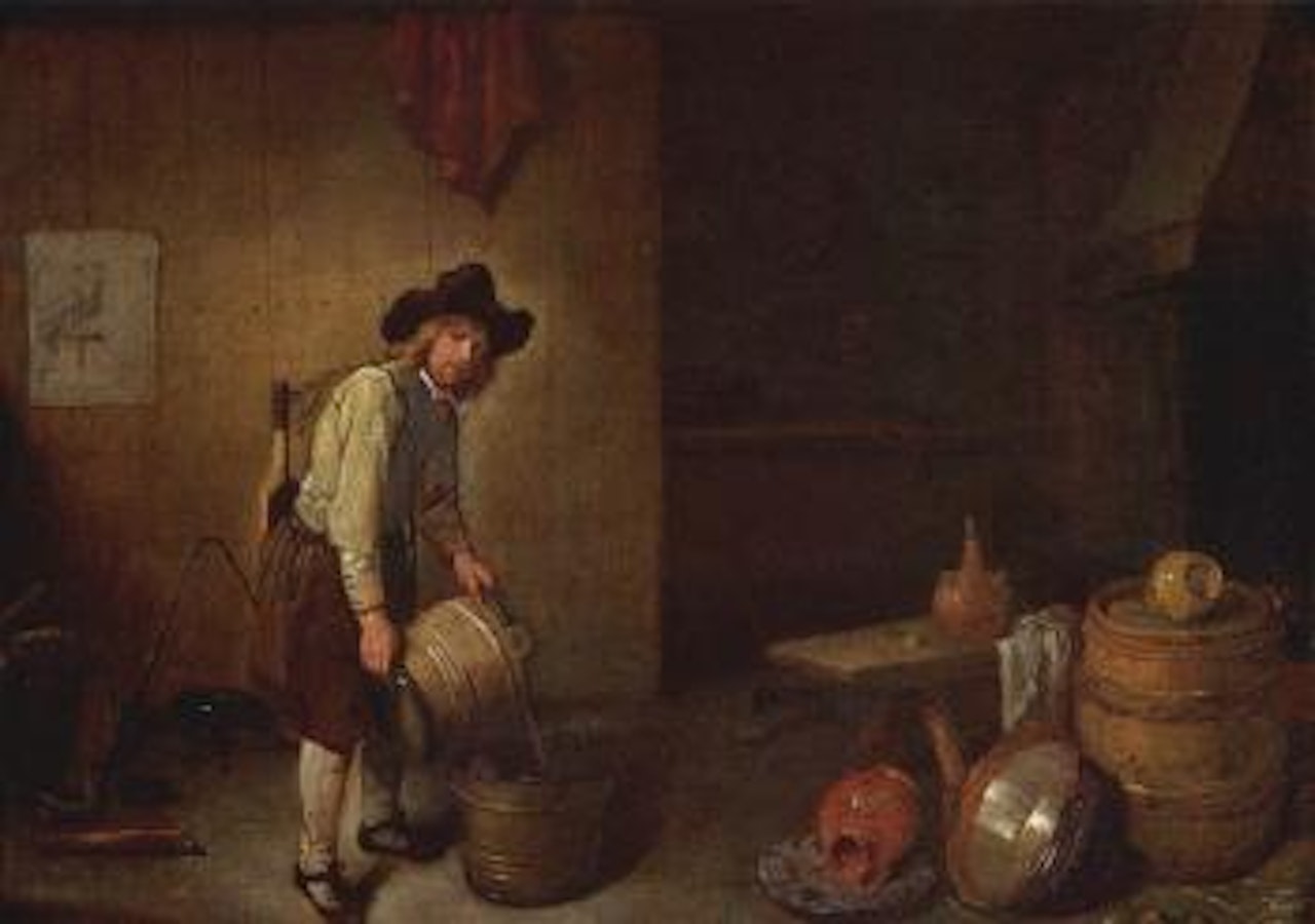 Kitchen interior with milkman by Quirijn Gerritsz van Brekelenkam