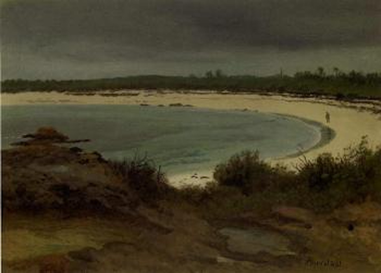 Cove with beach and church by Albert Bierstadt