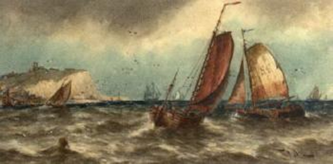 Scarborough fishing boats off Whitby by Thomas Bush Hardy