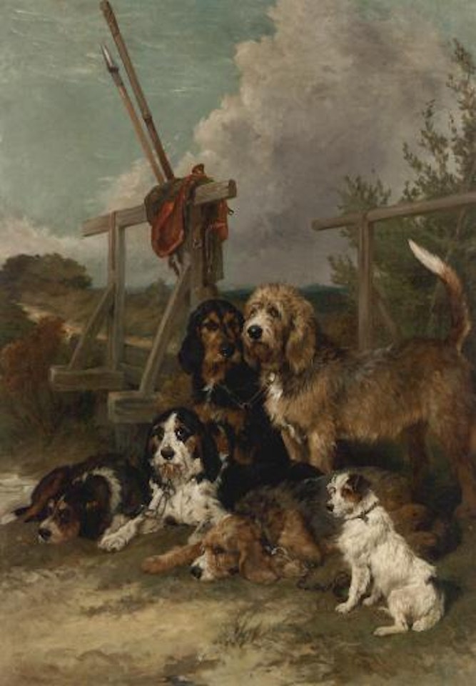 Otter hounds and a terrier by a bridge - tired out by John Emms