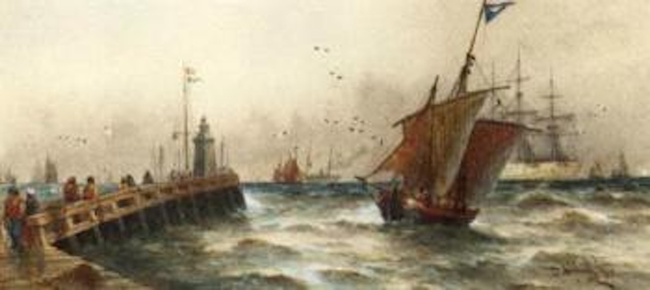 Figures on a jetty with shipping beyond. Blustery day in the Channel off Dover by Thomas Bush Hardy
