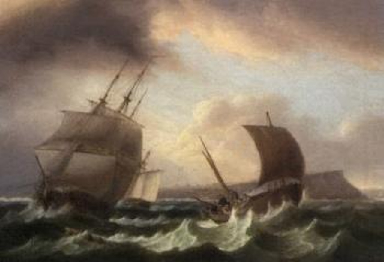 Frigate running out to sea with a cutter astern of her and a fishing boat by Thomas Luny