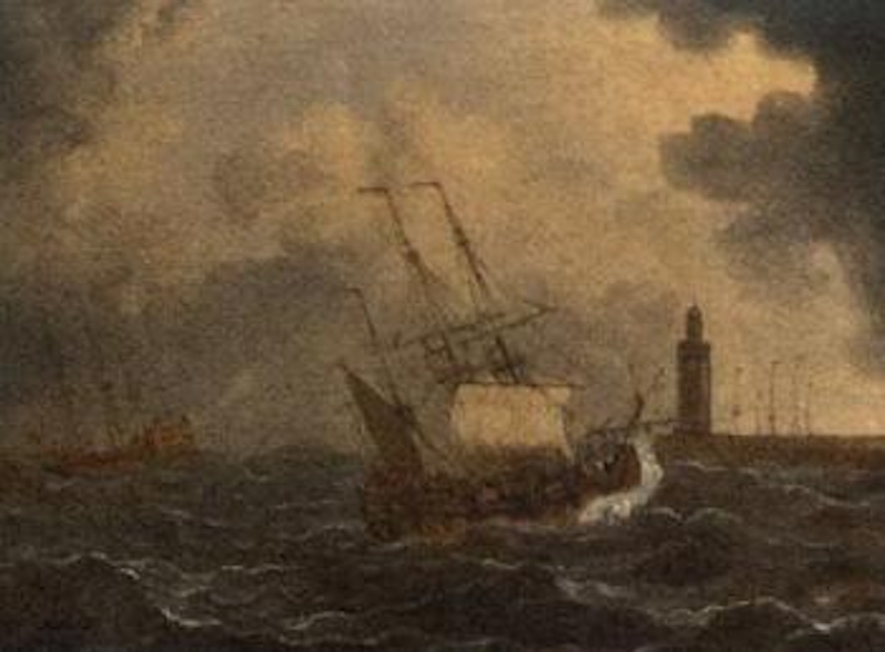 Dutch warship running into harbour under reduced sail. Dutch warship heading out to sea by Francis Swaine