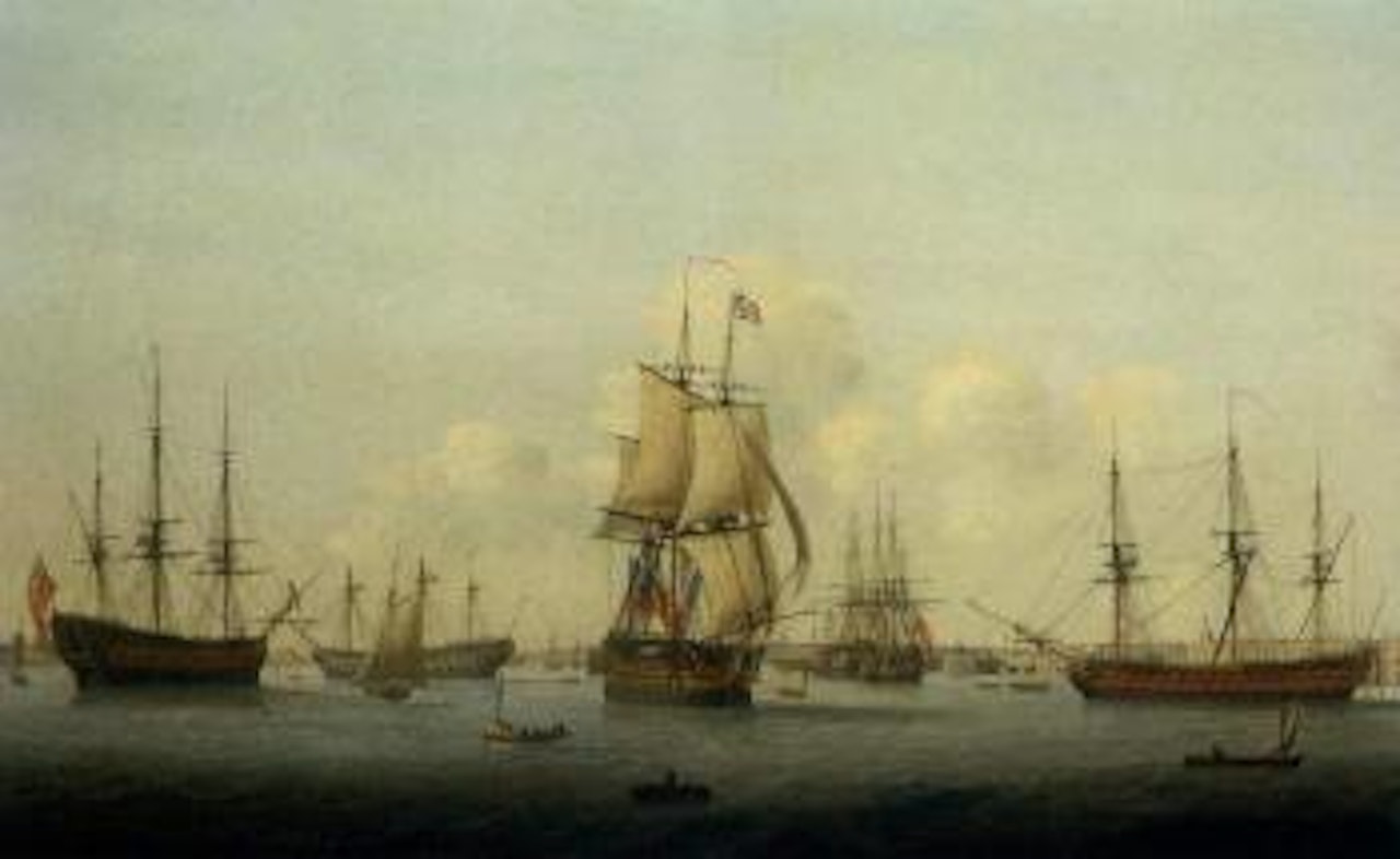 Panorama of Portsmouth harbour with a flagship of the Red Squadron by Thomas Elliot