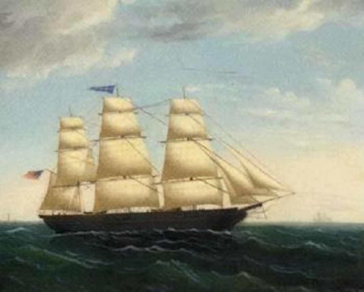 American three-master Sarah G Hyde off a lighthouse by Edward Arnold