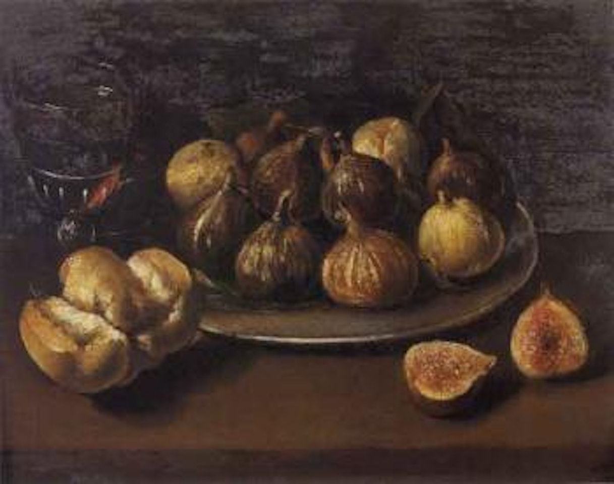 Figs, bread and glass of wine. Cherries and flowers by Spanish School