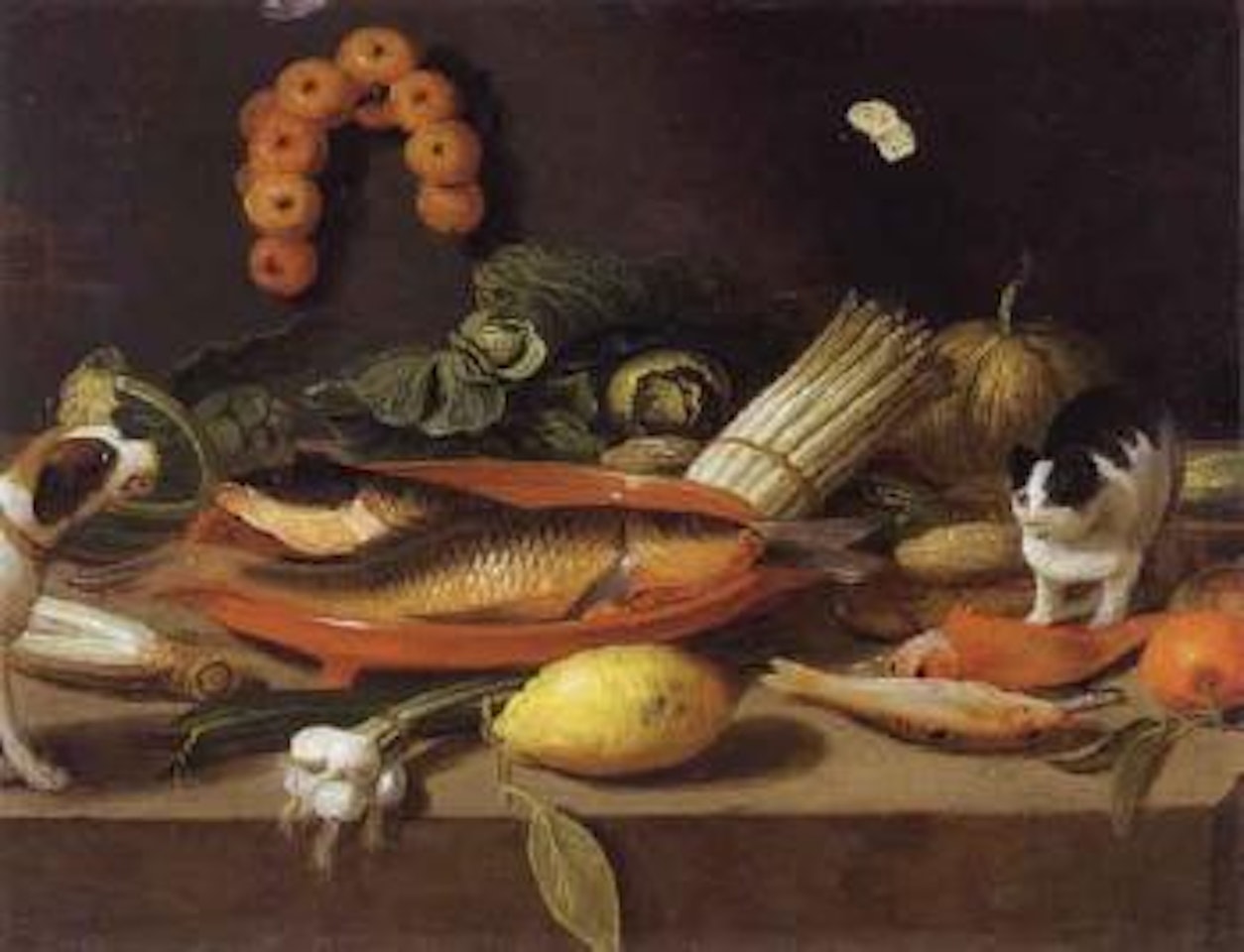 Table with fish and vegetables. Basket with grapes and peaches by Jan Van Kessel The Elder