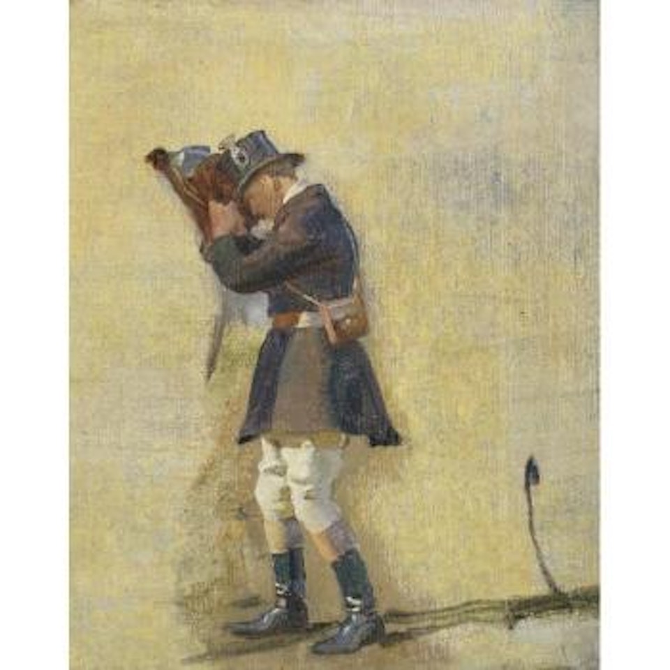 Blenheim groom cinching a girth by Alfred James Munnings
