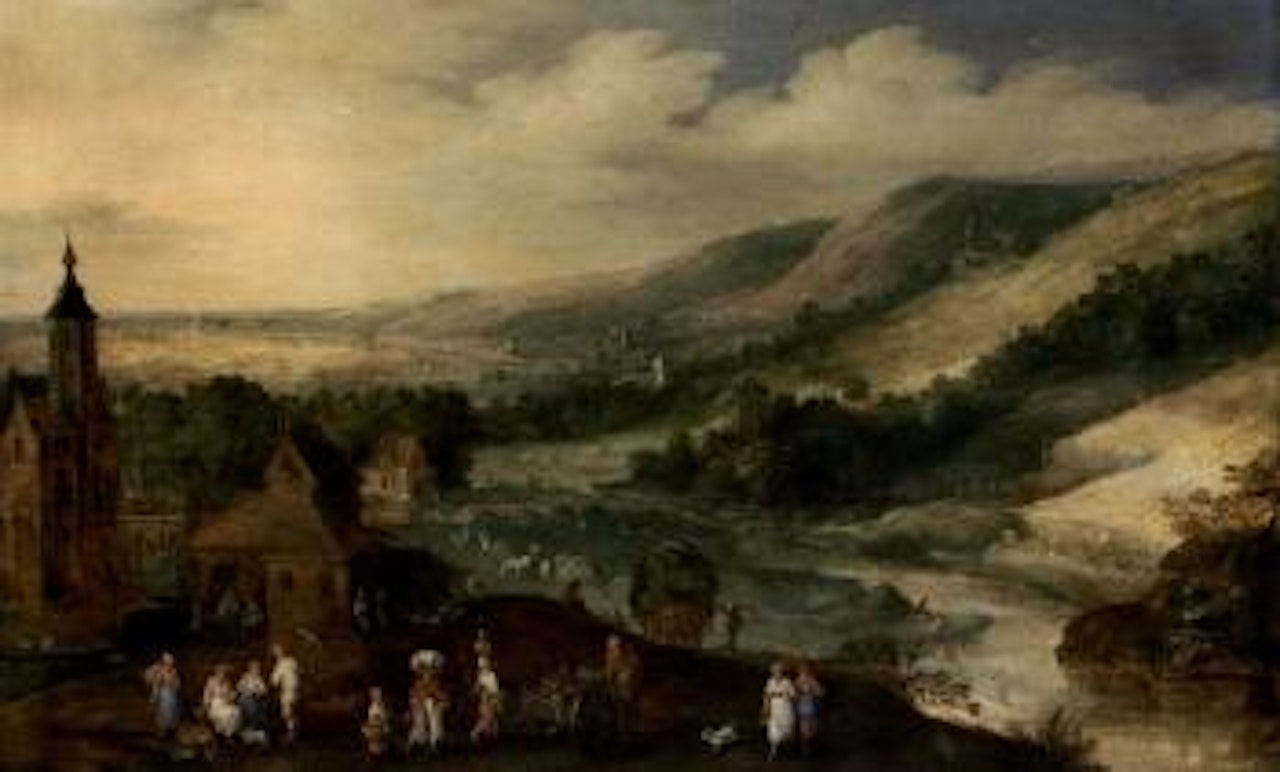 Extensive river landscape with peasants gathering the harvest by Jan Brueghel by Joos de Momper the Younger