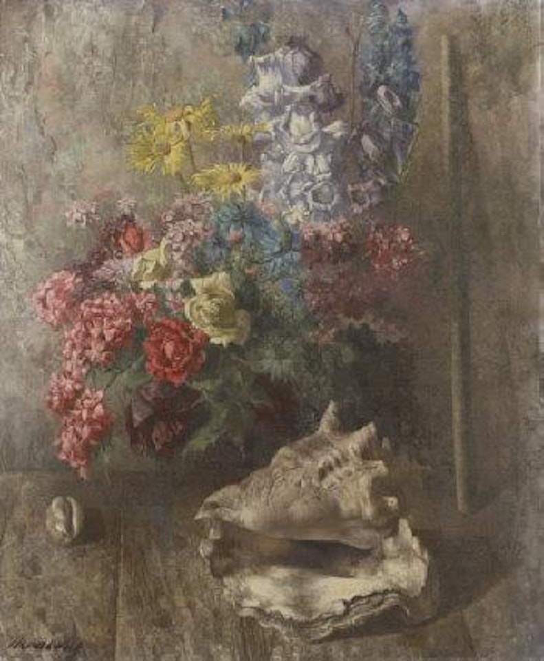 Still life with flowers and conch shell by Patrick Hennessey
