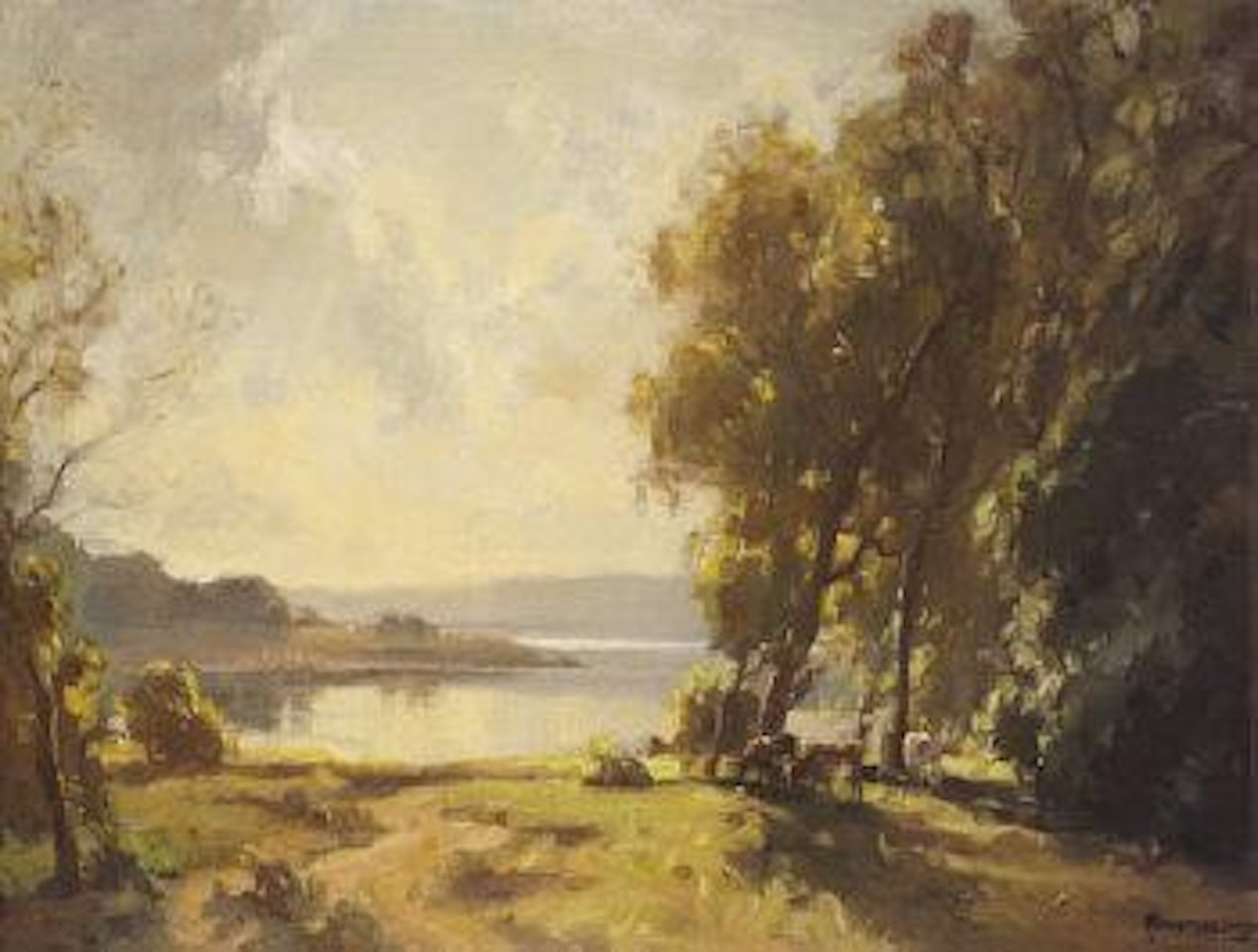 Wooded lakeside with cattle grazing by Frank Mckelvey