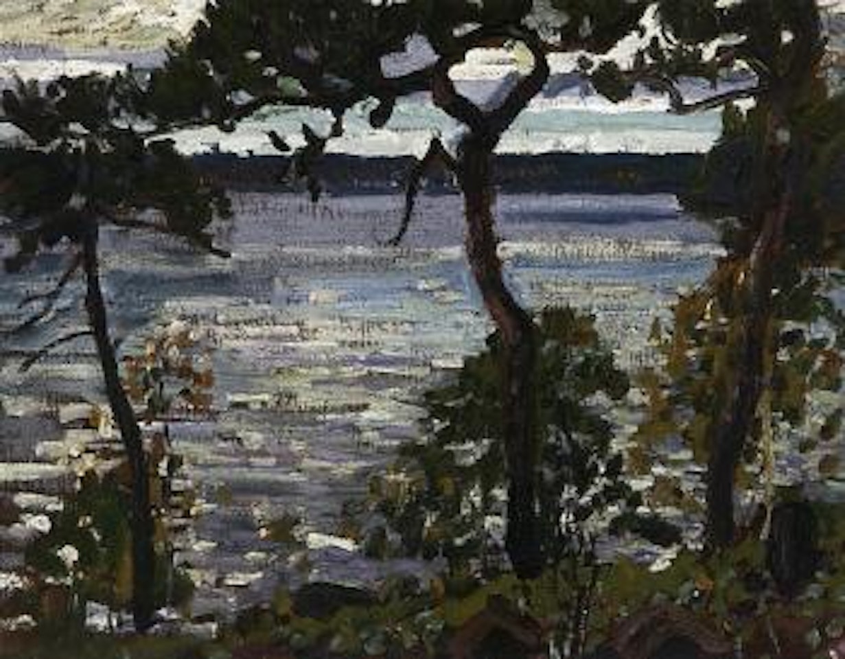 View of the lake through the trees by Arthur Lismer