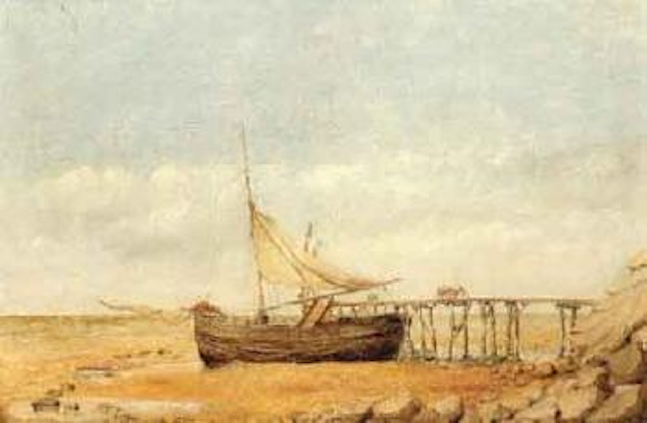 Docked boat with man and wagon by Edward William Cooke