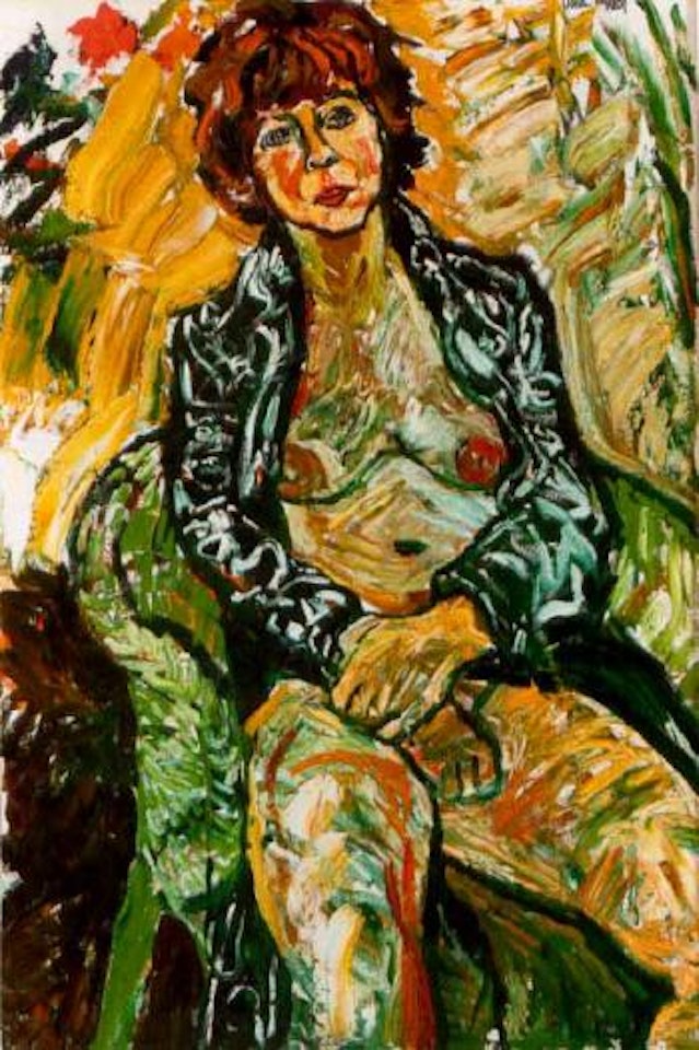 Patti in black plastic mac shown nude by John Bratby
