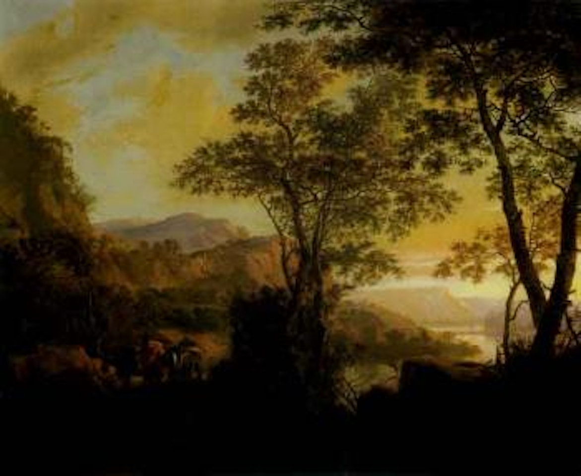 Italian landscape with mules and riders on a mountain path by Jan Both