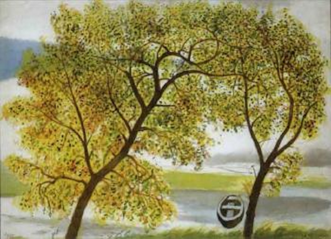 Park scene with pond and boat by Léon Spilliaert