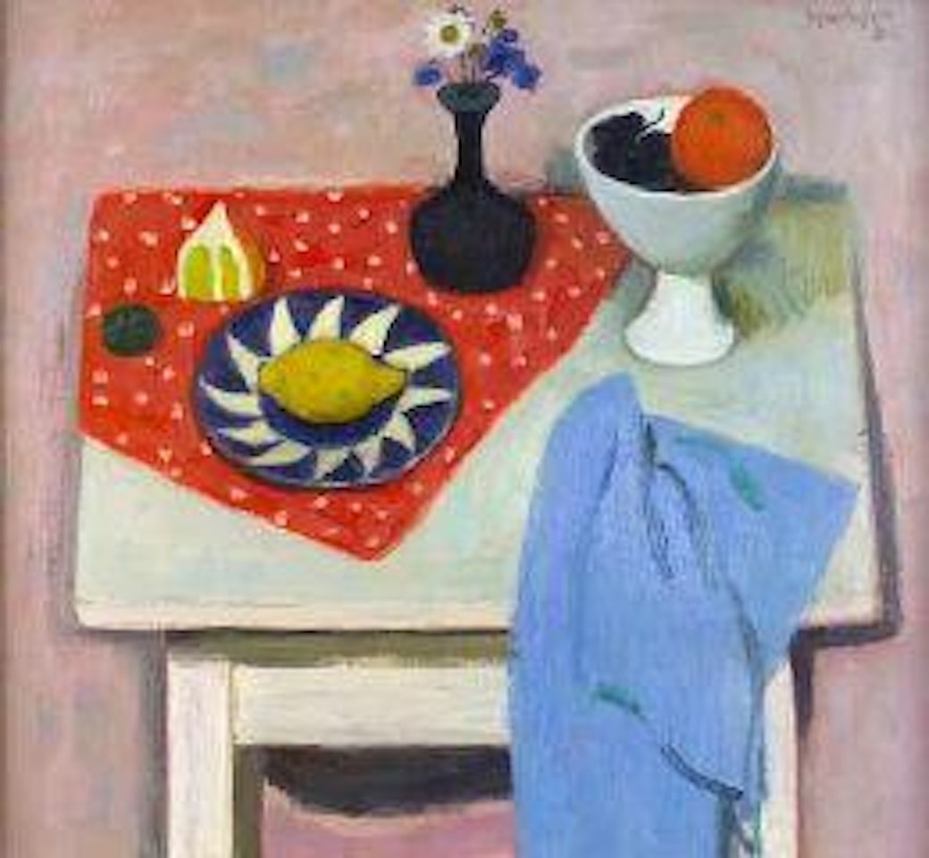 Still life on a white table by Alberto Morrocco