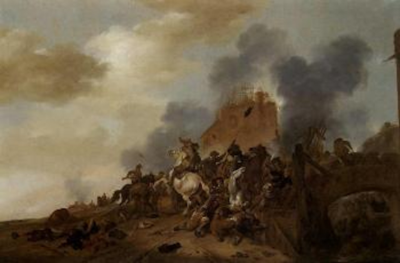Cavalry battle scene with soldiers fighting on a bridge near burning ruins by Philips Wouwerman