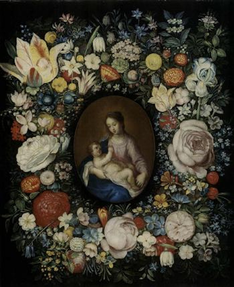Garland of roses, tulips and other flowers surrounding a medallion of the Virgin and Child by Jan Brueghel by Frans Francken II