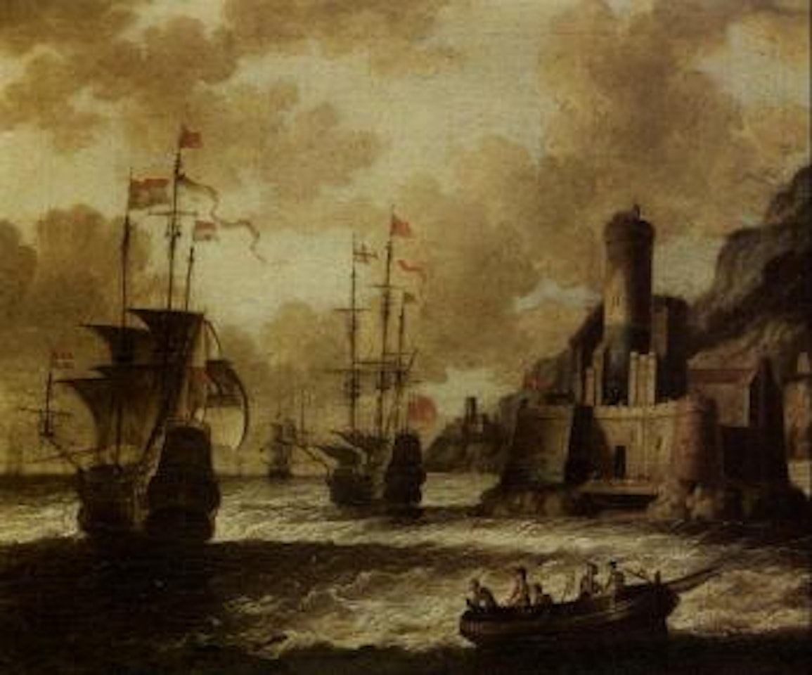 Dutch and English man-of-war. Two galleons, a merchantman and a rowing boat in the foreground by Pieter van de Velde