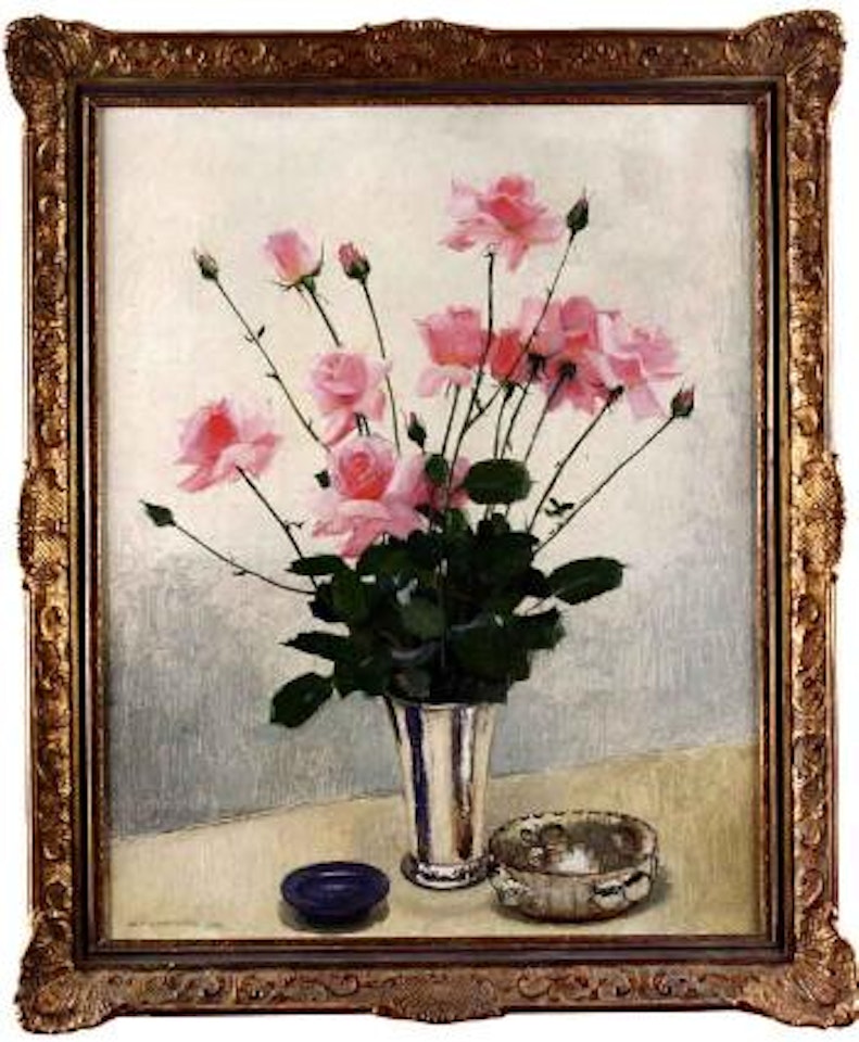 Still life of roses in silver vase by Olle Hjortzberg