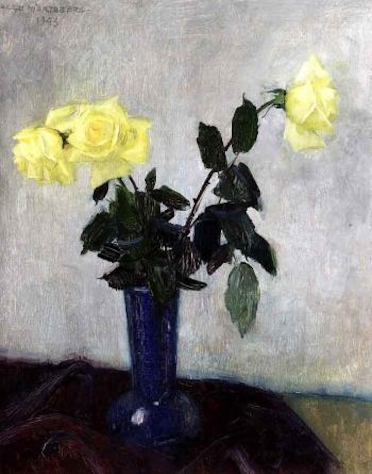 Still life of yellow roses in blue vase by Olle Hjortzberg