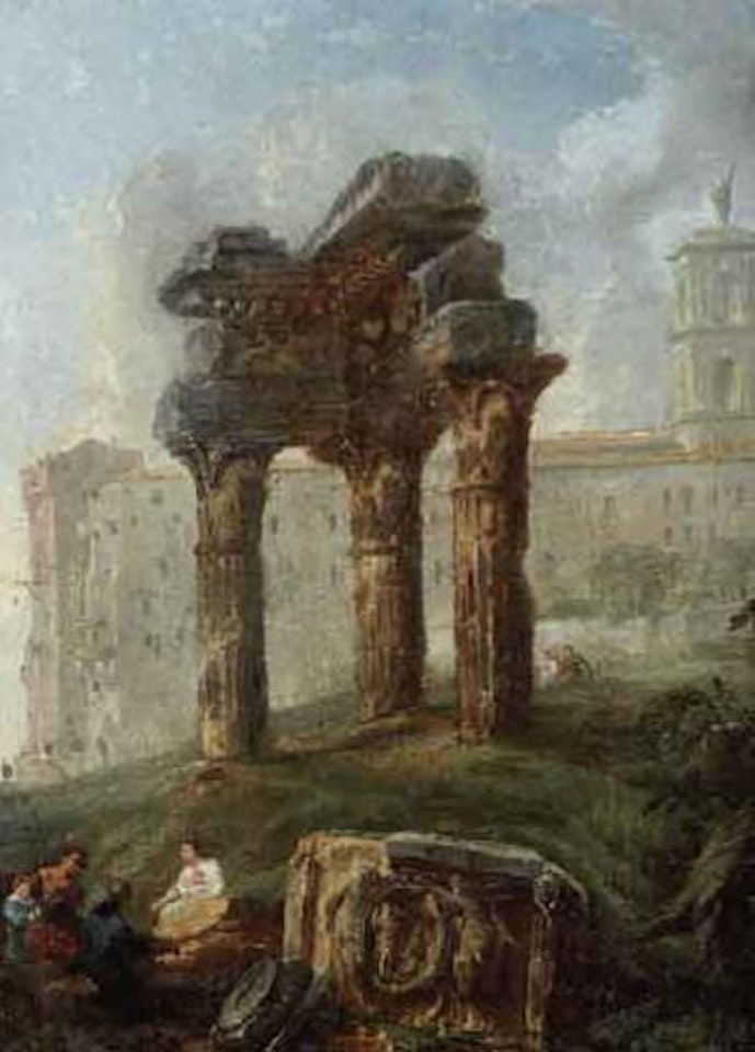 Classic landscape with temple ruins and figures by Hubert Robert