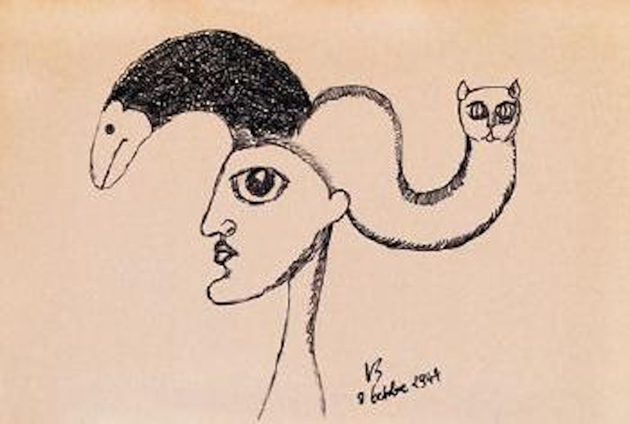 Tete fantastique, coiffure au chat et au serpent by Victor Brauner