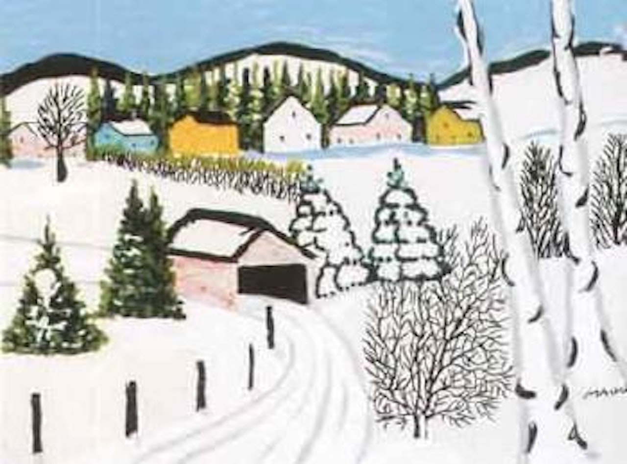 Covered bridge in winter by Maud Lewis